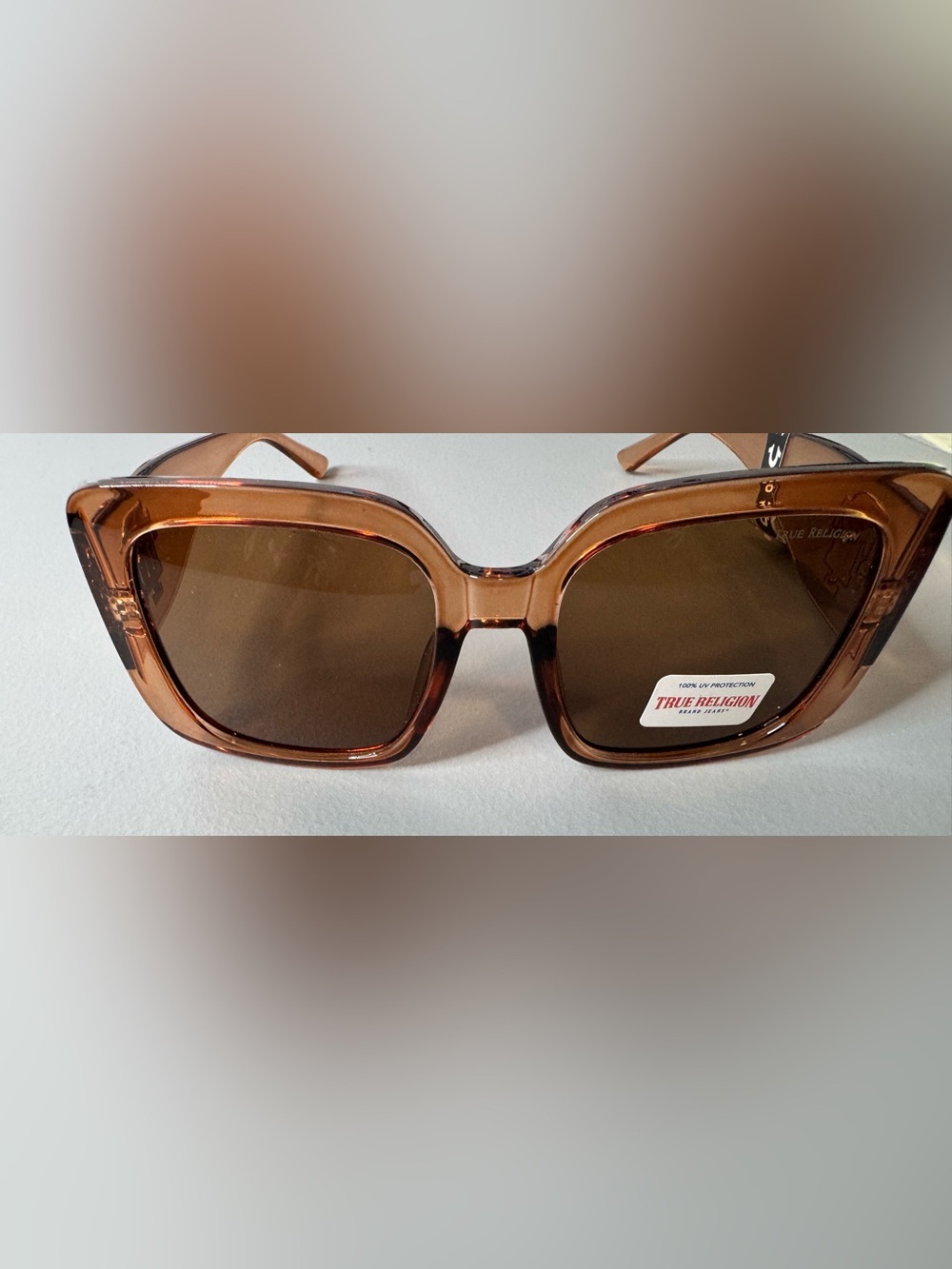 True Religion Women's Square Oversized transparent Sunglasses Amber Brown gold - Picture 5 of 6